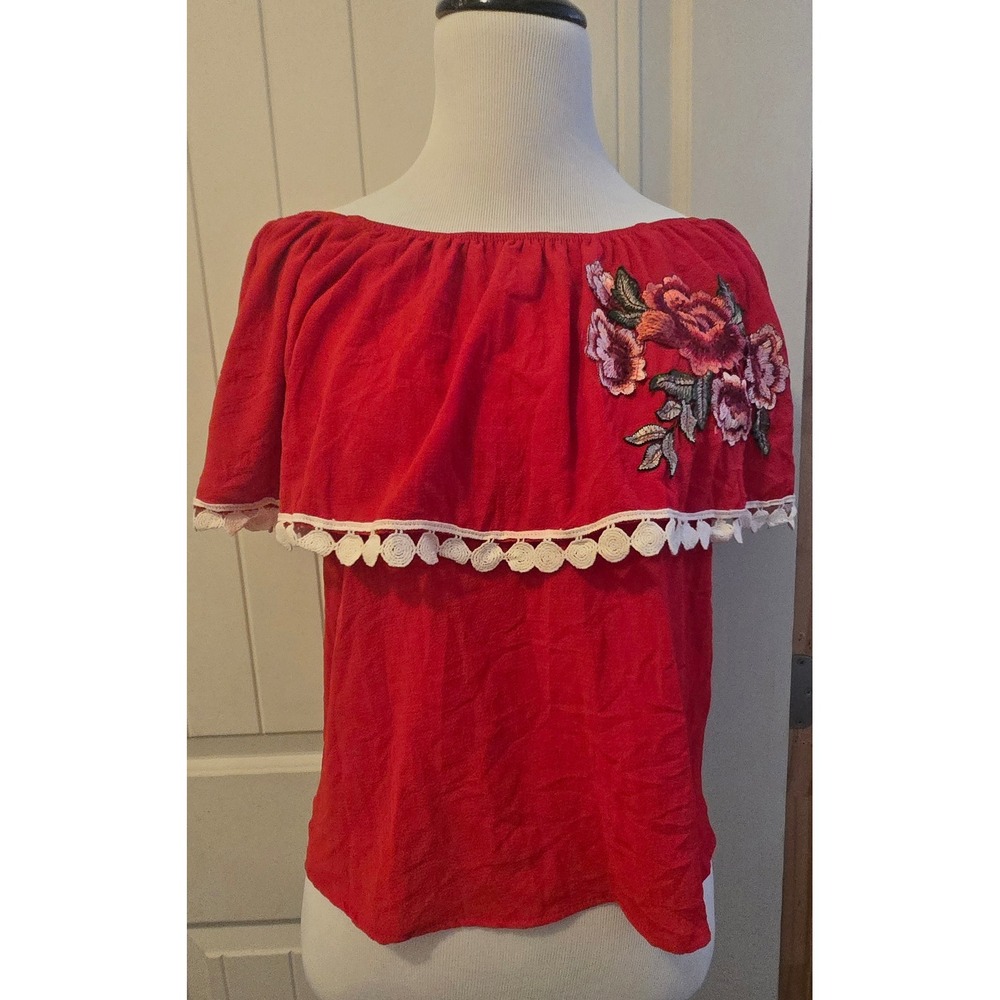 Belinda Red Mexican Off The Shoulder Embroidered Floral Ruffle Blouse Small